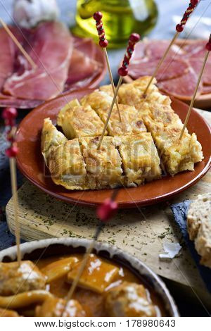 closeup of some plates with different spanish tapas, such as a spanish omelette or meatballs with cuttlefish, and some different cold meats, such as serrano ham or cured pork tenderloin, on a table