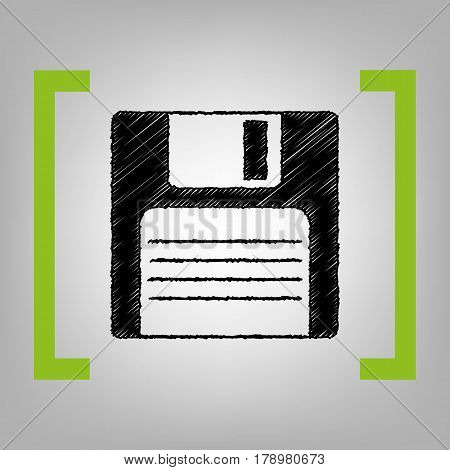 Floppy disk sign. Vector. Black scribble icon in citron brackets on grayish background.