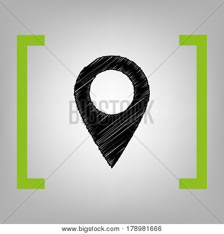 Mark pointer sign. Vector. Black scribble icon in citron brackets on grayish background.