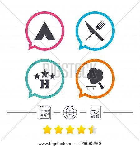 Food, hotel, camping tent and tree icons. Knife and fork. Break down tree. Road signs. Calendar, internet globe and report linear icons. Star vote ranking. Vector