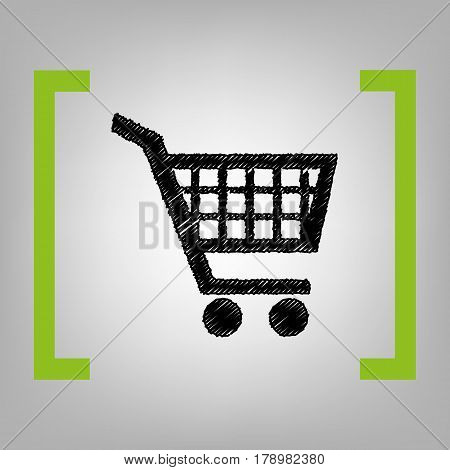 Shopping cart sign. Vector. Black scribble icon in citron brackets on grayish background.