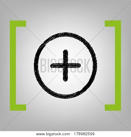 Positive symbol plus sign. Vector. Black scribble icon in citron brackets on grayish background.