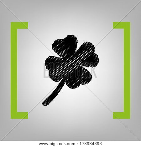 Leaf clover sign. Vector. Black scribble icon in citron brackets on grayish background.