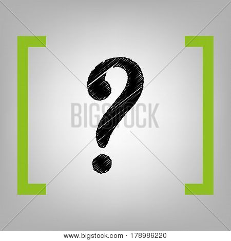 Question mark sign. Vector. Black scribble icon in citron brackets on grayish background.