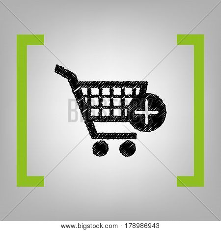 Shopping Cart with add Mark sign. Vector. Black scribble icon in citron brackets on grayish background.