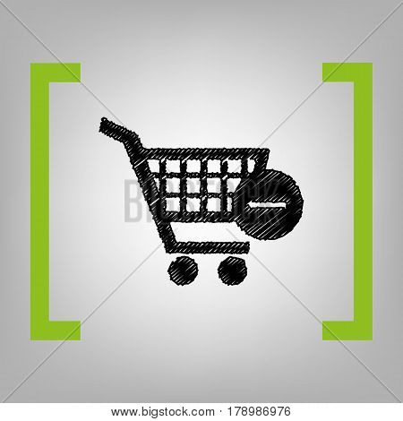 Vector Shopping Cart with Remove sign. Vector. Black scribble icon in citron brackets on grayish background.