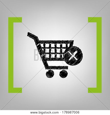 Shopping Cart with delete sign. Vector. Black scribble icon in citron brackets on grayish background.
