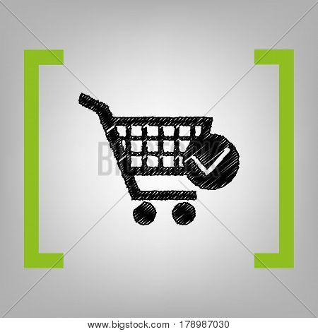 Shopping Cart with Check Mark sign. Vector. Black scribble icon in citron brackets on grayish background.