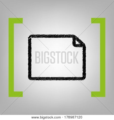 Horisontal document sign illustration. Vector. Black scribble icon in citron brackets on grayish background.