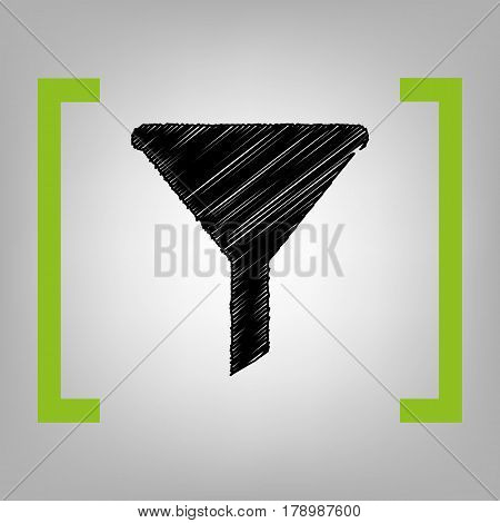 Filter simple sign. Vector. Black scribble icon in citron brackets on grayish background.