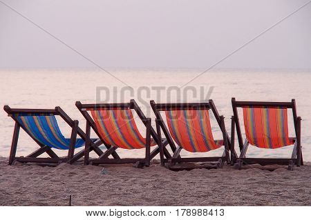 Deck chairs at the beach of Cha-Am, Hua Hin, Thailand