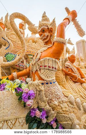 Thai literature goddesses made from wax for marhing in candle festival in Ubonratchthani Thailand