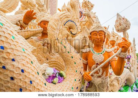 Thai literature goddesses made from wax for marhing in candle festival in Ubonratchthani Thailand made from wax for marhing in candle festival in Ubonratchthani Thailand