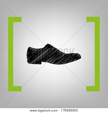 Men Shoes sign. Vector. Black scribble icon in citron brackets on grayish background.