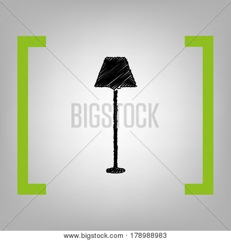 Lamp simple sign. Vector. Black scribble icon in citron brackets on grayish background.