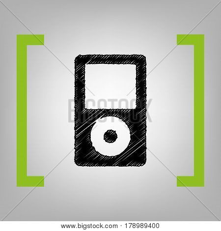 Portable music device. Vector. Black scribble icon in citron brackets on grayish background.