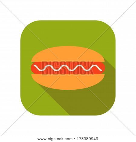Hot roll with sausage and sauce. Flat color icon of fast food. Vector illustration