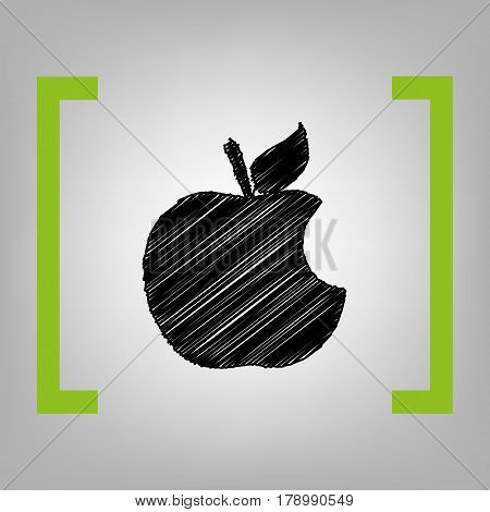 Bite apple sign. Vector. Black scribble icon in citron brackets on grayish background.