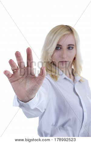 Woman shows a rotational motion of a hand on a white background