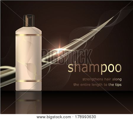 Digital vector shampoo strengthens hair mockup oon a dark background with your brand Realistic 3d style Vector template