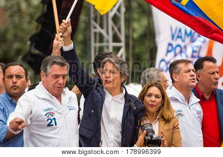 Quito, Ecuador - March 26, 2017: Guillermo Lasso, candidate for the CREO movement, along his binomial, Andres Paez during electoral campaign.