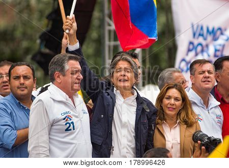 Quito, Ecuador - March 26, 2017: Guillermo Lasso, candidate for the CREO movement, along his binomial, Andres Paez during electoral campaign.