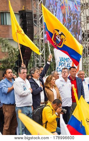 Quito, Ecuador - March 26, 2017: Guillermo Lasso, candidate for the CREO movement, along his binomial, Andres Paez during electoral campaign.