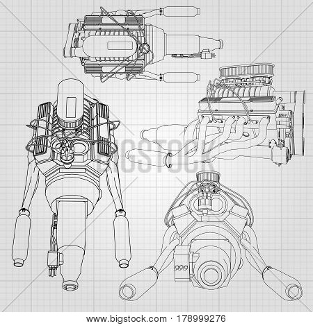 A Set Of Several Types Of Powerful Car Engine. The Engine Is Drawn With Black Lines On A White Sheet