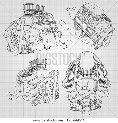 A Set Of Several Types Of Powerful Car Engine. The Engine Is Drawn With Black Lines On A White Sheet