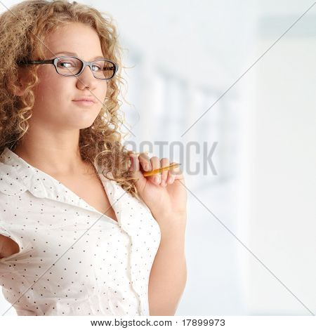 Beautiful corpulent caucasian student girl isolated on white background