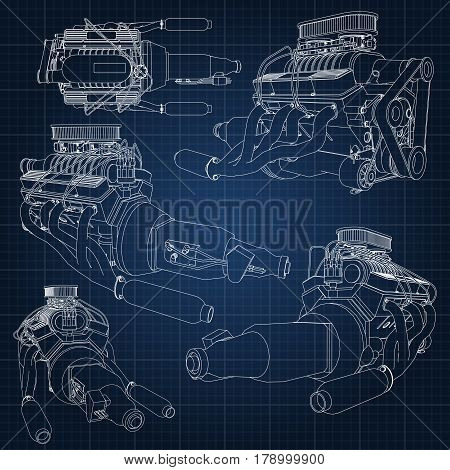 A Set Of Several Types Of Powerful Car Engine. The Engine Is Drawn With White Lines On A Dark Blue S