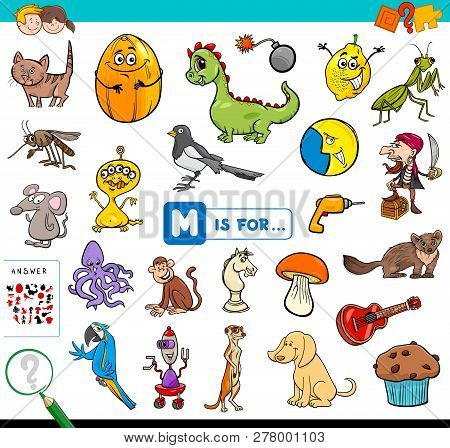 Cartoon Illustration Of Finding Picture Starting With Letter M Educational Game Workbook For Childre