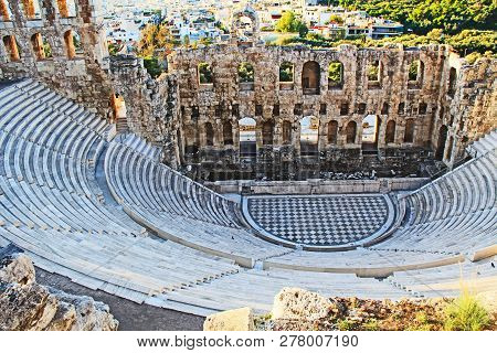 Looking Down At The Stage Of The Theater Of Odeon Of Herodes Atticus On The Acropolis In Athens, Gre
