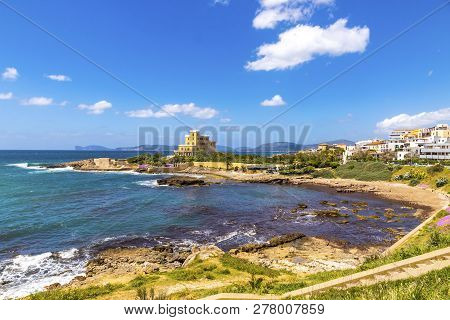 Mediterranean Seacoast In Alghero City, Sardinia, Italy. Spring Flowers And Trees On Foreground, Col