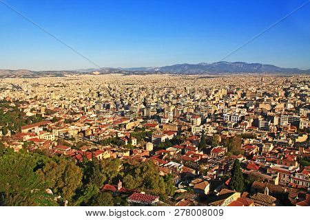 View From Acropolis Hill Of The City Of Athens In Athens, Greece.
