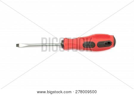 Black And Red Screwdriver Isolated On White Background. Screw Screwdriver For Repairing And Tighteni