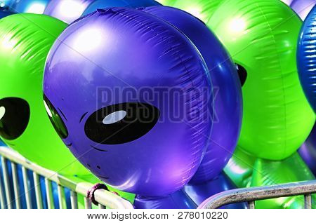 Inflatable Plastic Aliens At The Goshen Fair In Goshen Connecticut On A Sunny Day.