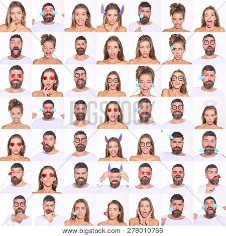 Collage Of Emotions. Different Emotions. Emotion Set Of Pretty Girl And Bearded Man. Feeling And Emo