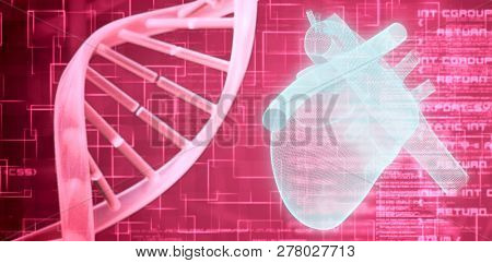 3d image of blue human heart  against dna helix