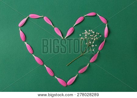 Pink Heart Made From Gerbera Pestals On Green Background With White Flower