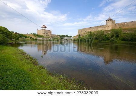 Sunny August Day On The Narva River. Border Of Estonia And Russia
