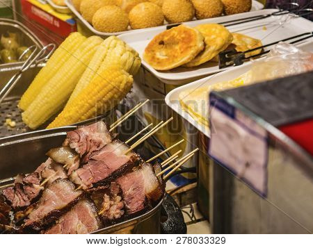 Close Up Local Food Shop In Zhangjiajie Tianzi Mountain Tribe.smoked Pork Or 