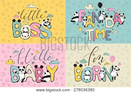 Color Greeting Cards Design Set With Cute Panda Bears And Quote S
