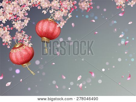 Traditional Spring Festival Background With Flying Petals And Silk Lanterns. Flowers And Petals In T