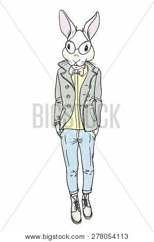 Rabbit Mod. Rabbit-man Model  Fashion Man While Standing Against White Background. Isolated.