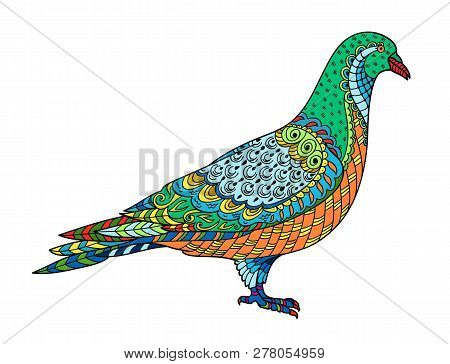 Drawing Stylized Dove (pigeon). Freehand Sketch For Adult Anti Stress Coloring Book For Adultpage Wi