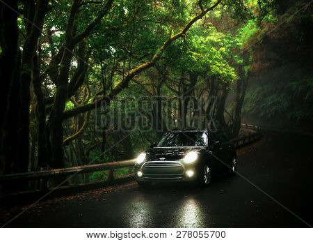 Taganana, Tenerife, Spain - May 31, 2017: Road Trip By Car Across Magic Misty Forest Of Anaga Rural 