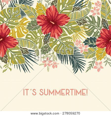 Retro Bold Colorful Exotic Foliage And Hibiscus Flowers Horizontal Vector Seamless Border. Vintage L