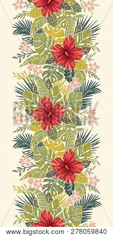 Retro Bold Colorful Exotic Foliage And Hibiscus Flowers Vertical Vector Seamless Border. Vintage Lus