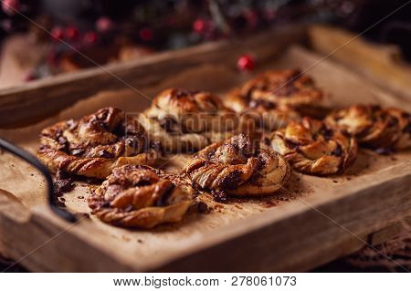 Cinnabon With Chocolate. Cake Food Concept Photo. Close Up View.
